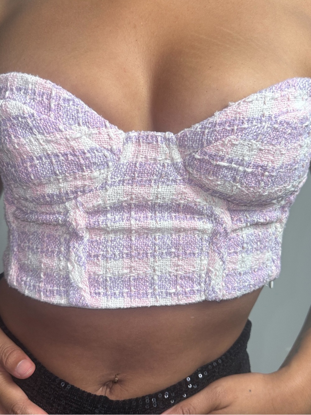 Zara Pastel Lilac & Pink Tweed Strapless Bustier Crop Top